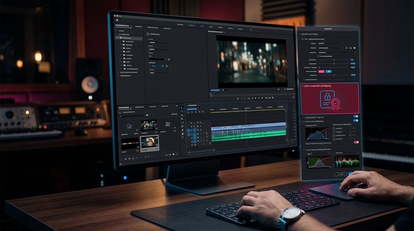 A screenshot of a modern video editing software interface showing a C2PA metadata export panel with cryptographic signature options.