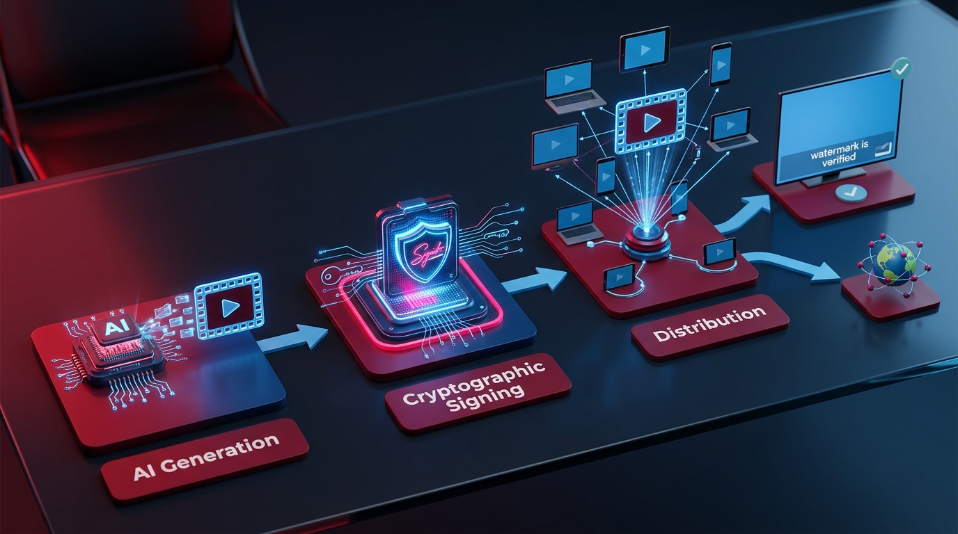 A highly detailed infographic flowchart illustrating the lifecycle of a video asset, starting from AI generation, moving through cryptographic signing, and ending with secure distribution.