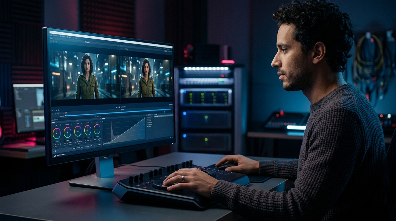 A highly technical UI showing a video editor comparing two AI-generated video frames side-by-side to verify video character continuity.