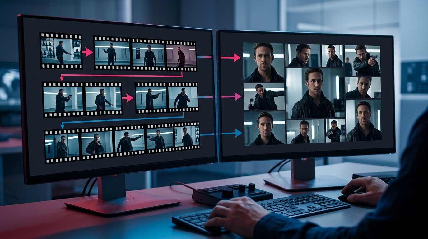 A flowchart illustrating the data preparation pipeline for video character continuity, showing video clips being broken down into cropped, high-resolution training frames.