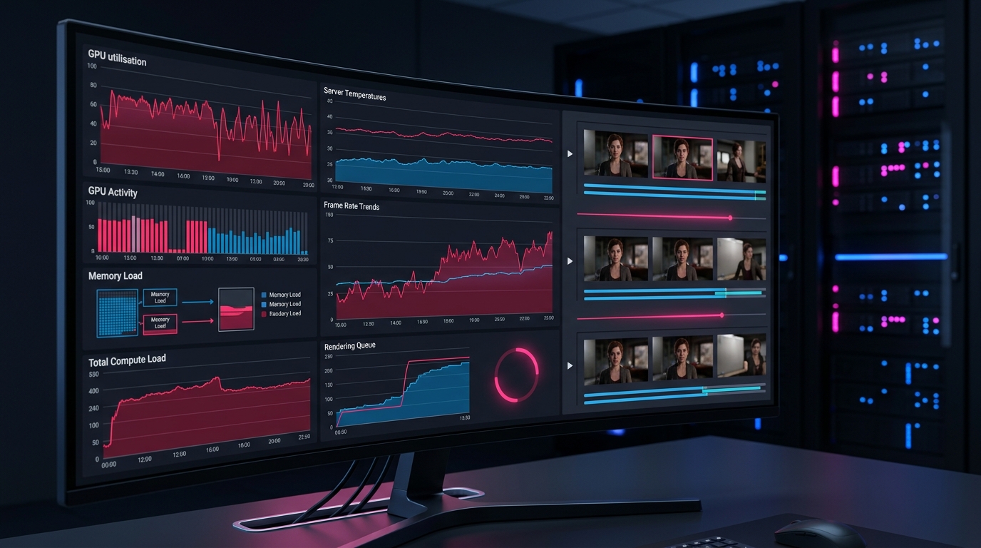 A dashboard showing server metrics, GPU usage, and rendering times for a cloud-based AI video deployment.