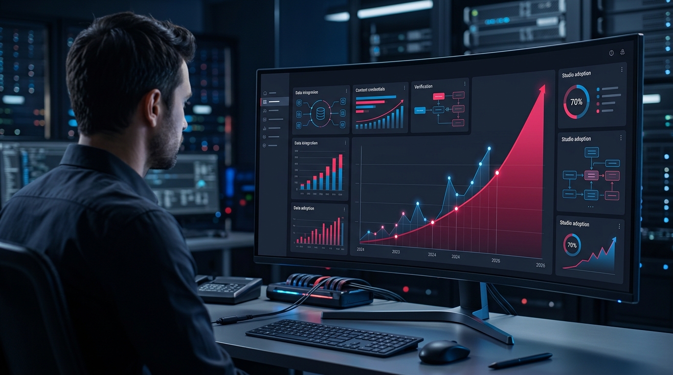 A sleek, dark-themed dashboard showing compliance metrics, with a prominent graph displaying the sharp rise in C2PA adoption among enterprise studios from 2024 to 2026.