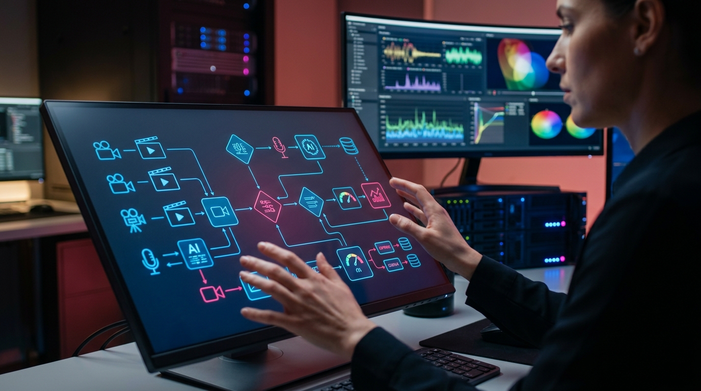 A flowchart showing a comprehensive audit of an enterprise video pipeline, highlighting nodes where AI tools are used for editing, generation, and distribution.