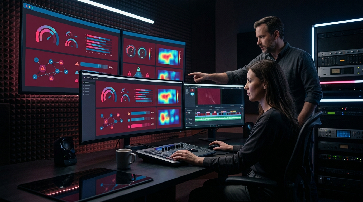 A modern post-production studio dashboard displaying real-time compliance metrics, AI tool usage, and automated metadata verification alerts.